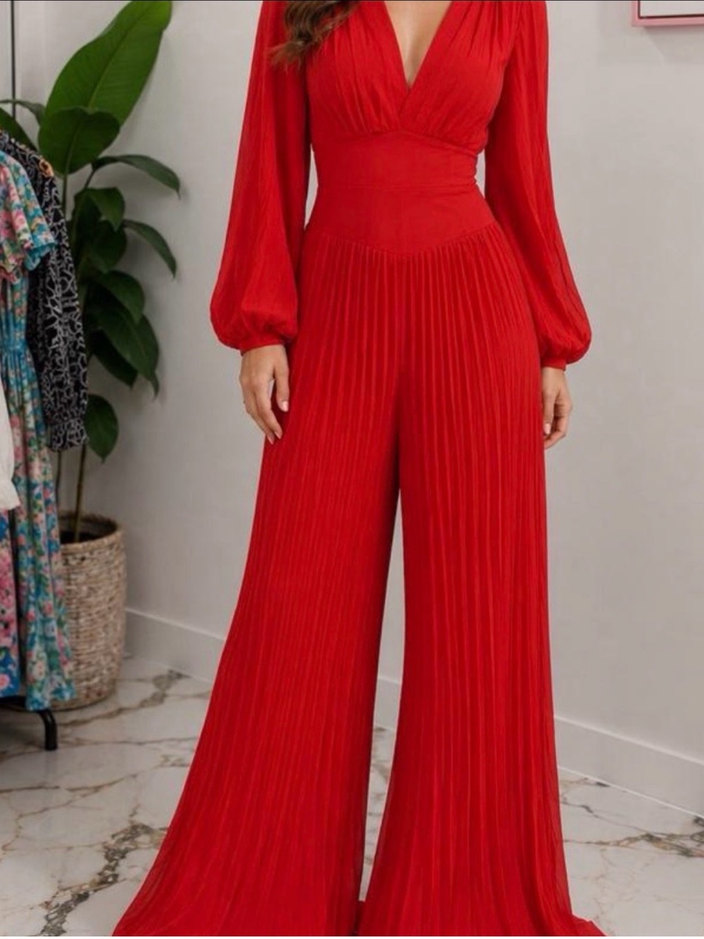 Red Pleated Wide-Leg Jumpsuit